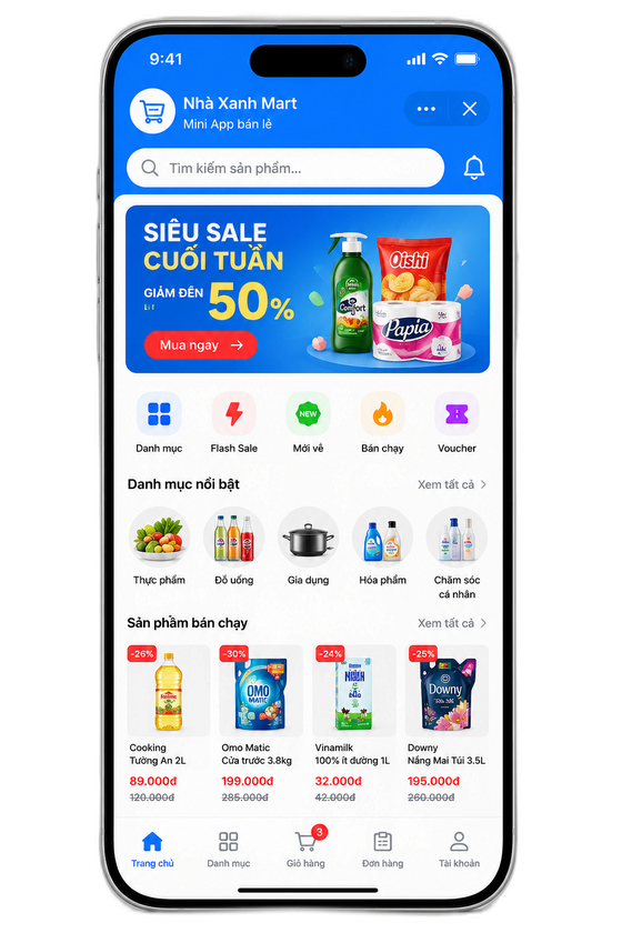 Mẫu Zalo Mini App bán lẻ: banner khuyến mãi, danh mục thực phẩm và hóa phẩm, sản phẩm bán chạy kèm giá và giỏ hàng