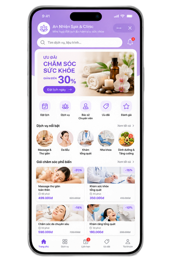 Mẫu Zalo Mini App cho spa và phòng khám: đặt lịch, danh sách dịch vụ massage, da liễu, khám tổng quát và các gói chăm sóc kèm giá