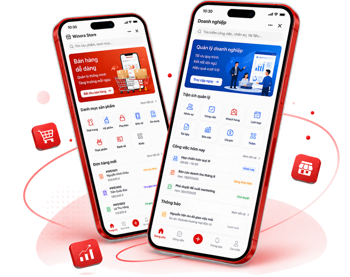 Hai màn hình Zalo Mini App: cửa hàng Winora Store với danh mục sản phẩm và đơn hàng mới, bên cạnh ứng dụng quản lý doanh nghiệp gồm nhân sự, công việc, lịch họp và báo cáo