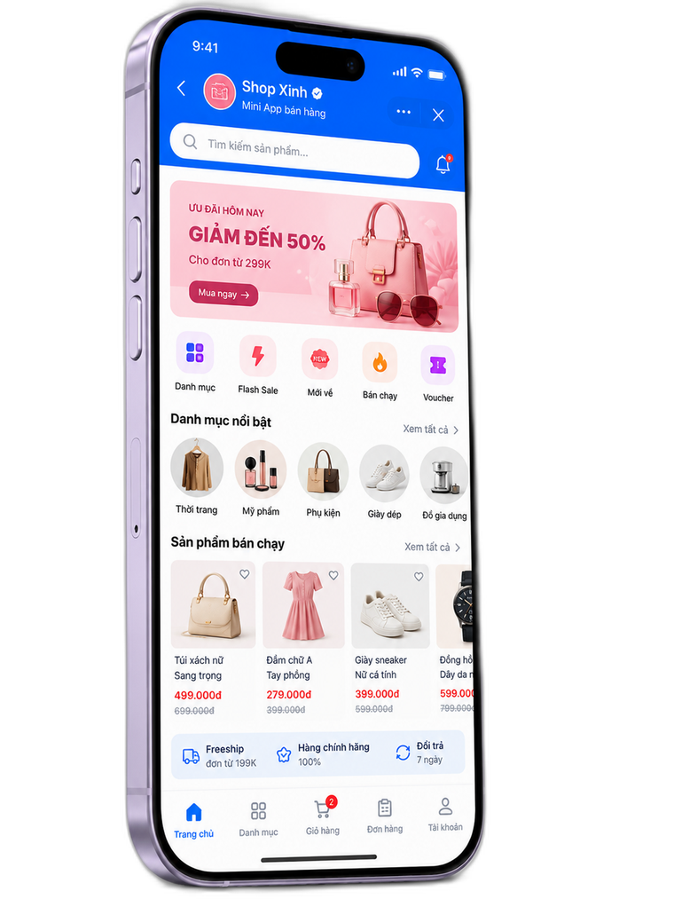 Zalo Mini App bán hàng Shop Xinh: banner khuyến mãi, danh mục sản phẩm, danh sách sản phẩm bán chạy kèm giá, và thanh điều hướng có giỏ hàng
